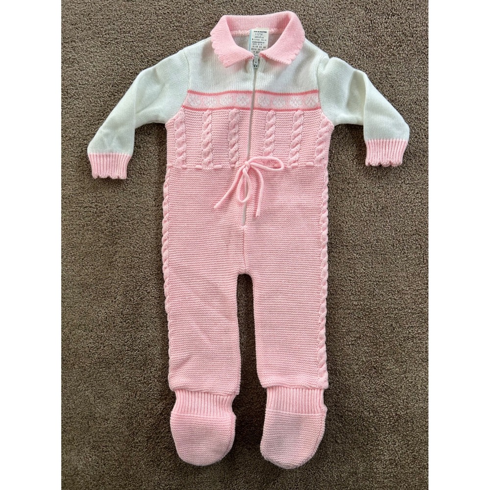 Vintage 70s/80s Pink White Cable Knit Footed Baby Coverall Romper 6 Months